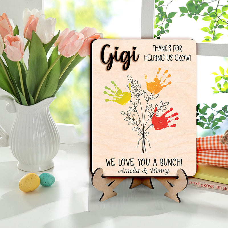 Personalized Handprint Flower Bouquet Plaque, Custom Name Wooden Sign